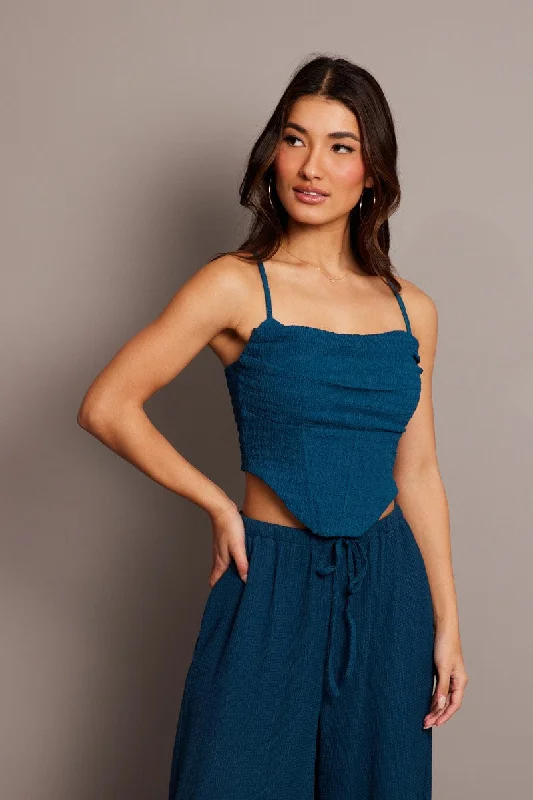 Blue Cami Top Sleeveless Cowl Neck Textured