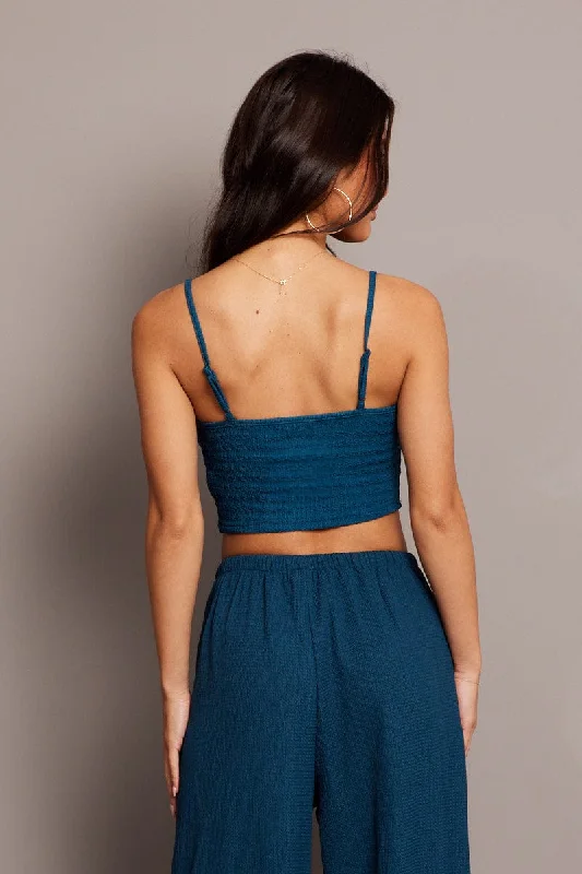 Blue Cami Top Sleeveless Cowl Neck Textured