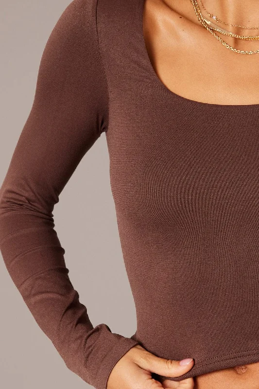 Brown T Shirt Long Sleeve Seamless Scoop Neck