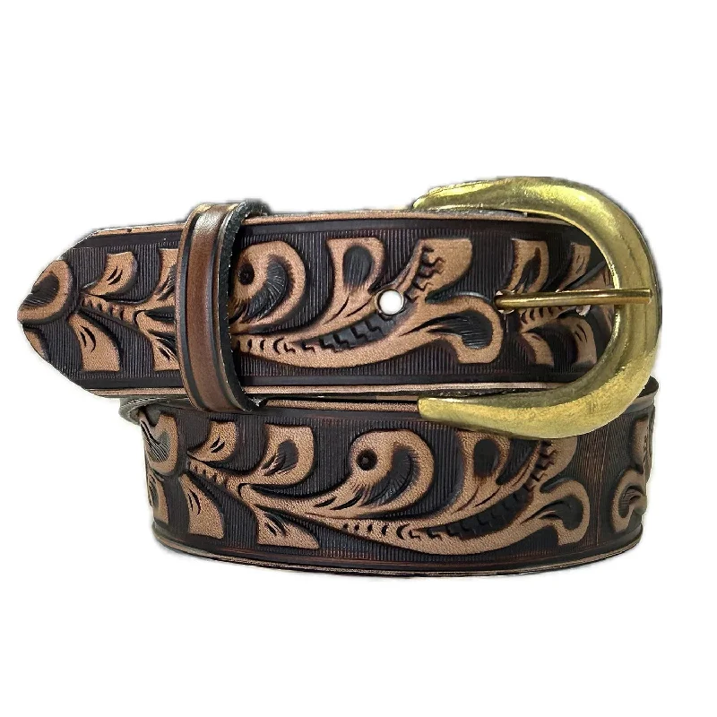 Rockmount Mens Classic Tooled Floral Walnut Leather Belt